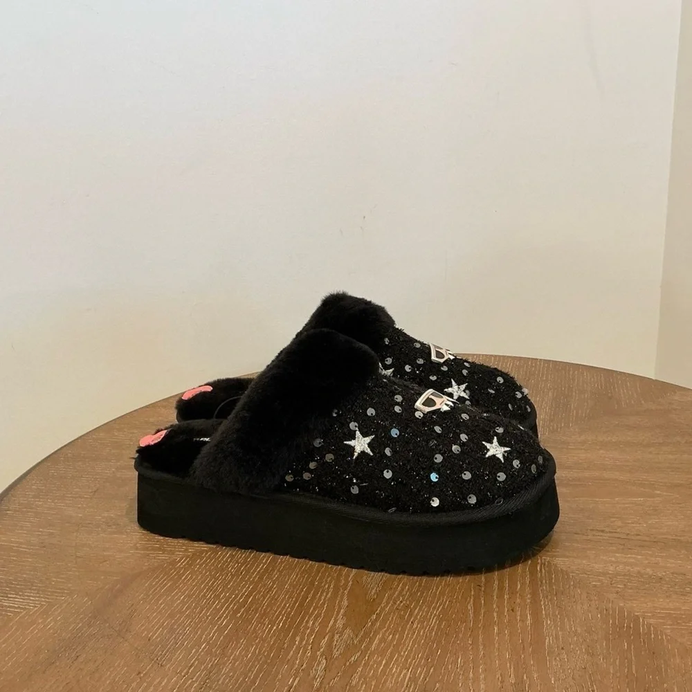 Karl Lagerfeld Hessa Tweed Gold Faux Fur Trim Platform Slides